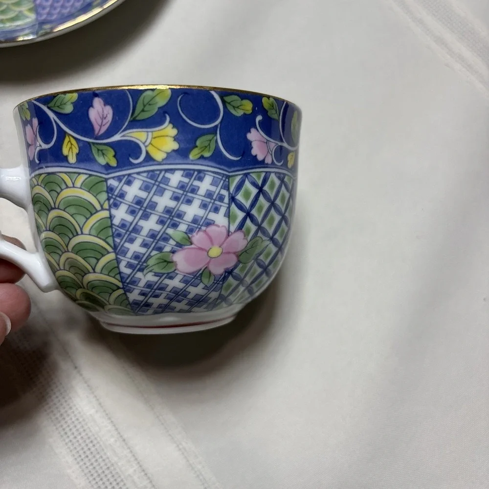 GUMP Botan Imari Tea Cup & Saucer Asian Blue Pink Green Yellow Floral